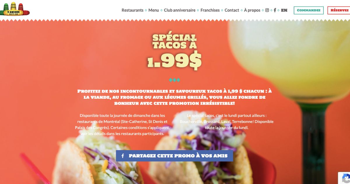 Spécial Tacos à 1,99$ le dimanche chez 3 Amigos