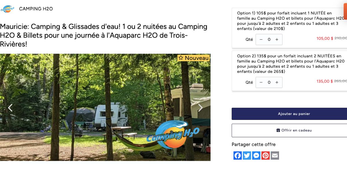 Rabais camping H2O et l'accès au parc aquatique H2O